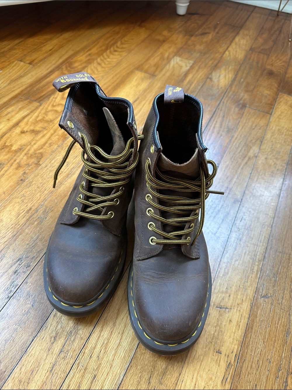 Dr. Martens Brown Leather Lace-Up Work Boots with Yellow Stitching